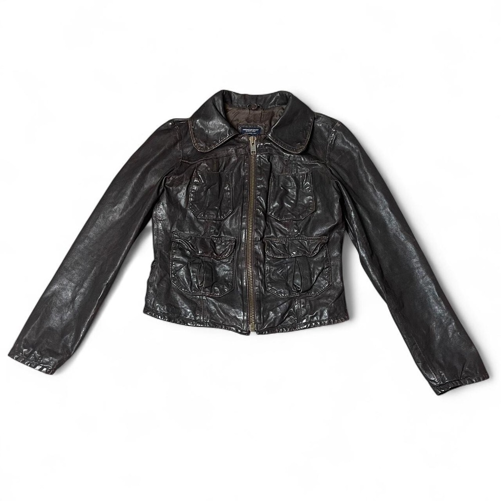 chocolate brown American Eagle genuine leather biker style jacket